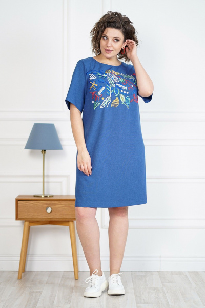Синее платье А-силуэта с аппликацией вышивки и потайной молнией Alani Collection 2105 - фото 3