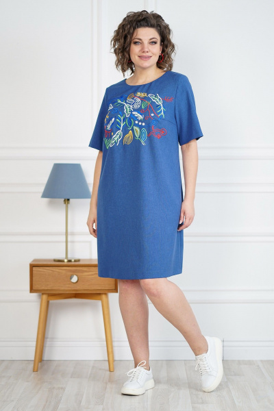 Синее платье А-силуэта с аппликацией вышивки и потайной молнией Alani Collection 2105 - фото 2