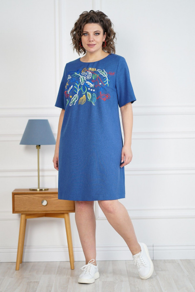 Синее платье А-силуэта с аппликацией вышивки и потайной молнией Alani Collection 2105 - фото 1