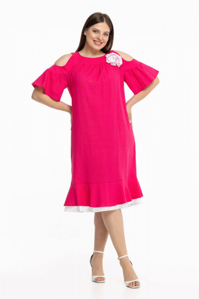 Льняное платье бохо с брошью и воланами Avila 0930 малиновый - фото 5