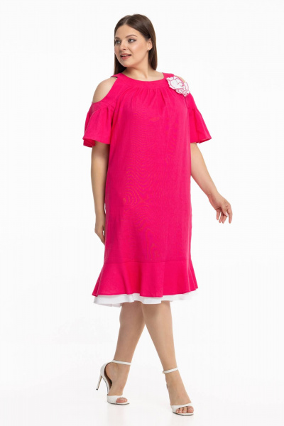 Льняное платье бохо с брошью и воланами Avila 0930 малиновый - фото 4