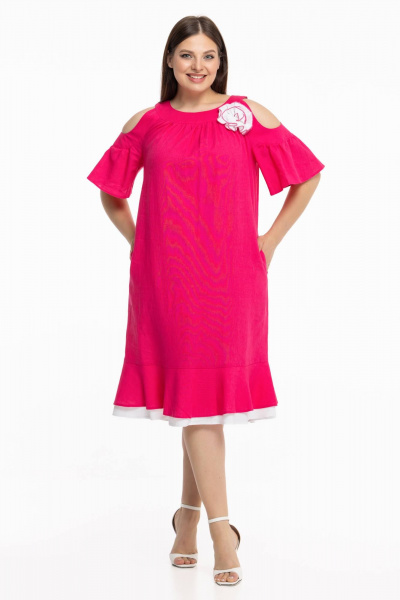 Льняное платье бохо с брошью и воланами Avila 0930 малиновый - фото 2