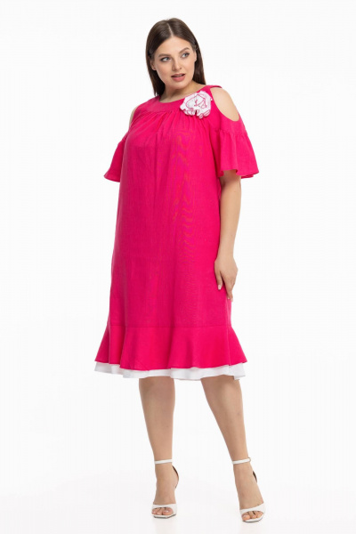 Льняное платье бохо с брошью и воланами Avila 0930 малиновый - фото 1