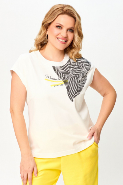 Белый короткий свободный джемпер из хлопка с декоративной печатью Laikony L-291-1 бел+желт - фото 5