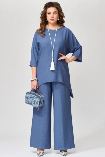Костюм из смесовой ткани с блузкой и брюками Fita 1085 синий - фото 1