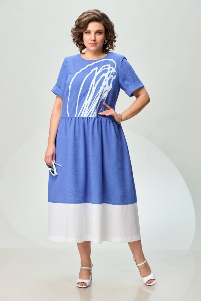 Платье из льна с сборкой и карманами из отделочной ткани INVITE 4071 голубой+белый - фото 2