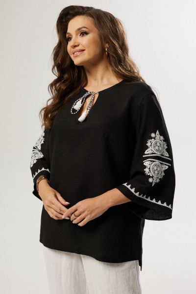 Блуза свободного силуэта с вязаной отделкой и спущенным плечом MALI 624-019 черный - фото 5