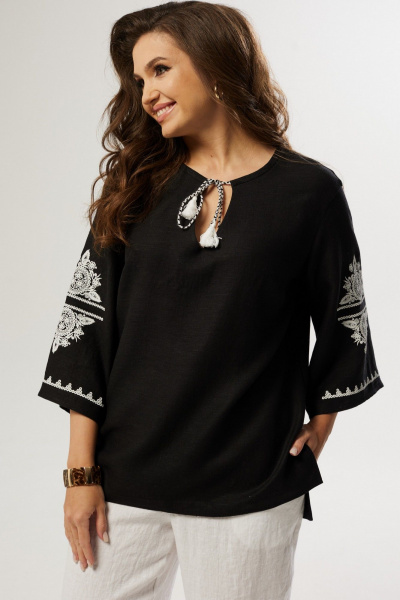 Блуза свободного силуэта с вязаной отделкой и спущенным плечом MALI 624-019 черный - фото 4