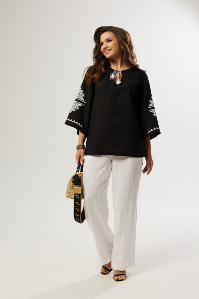 Блуза свободного силуэта с вязаной отделкой и спущенным плечом MALI 624-019 черный - фото 1