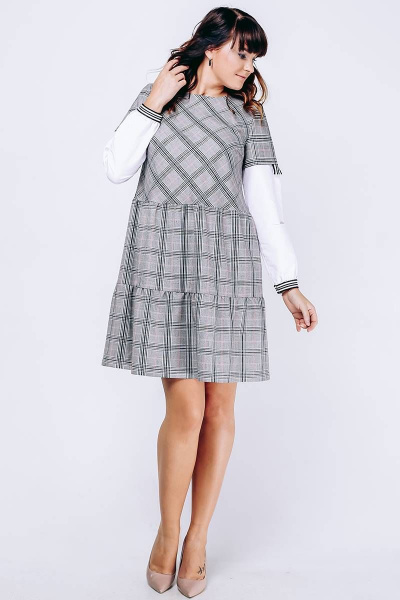 Платье свободного силуэта из текстиля с воланами и клеткой La rouge 5275 серо-розовый-(клетка) - фото 1