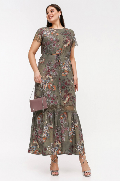 Летнее платье с рукавом-регланом и кружевом из штапеля La rouge 5459 хаки-набивной - фото 1