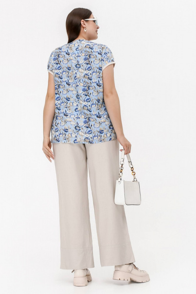 Свободная летняя блузка с односторонними складками из штапеля La rouge 6288 небесный-(цветы) - фото 4