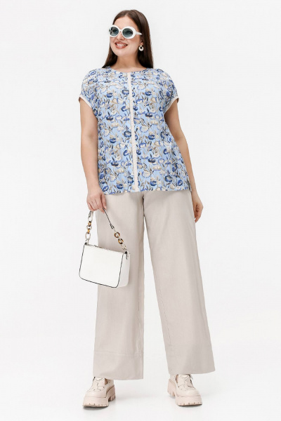 Свободная летняя блузка с односторонними складками из штапеля La rouge 6288 небесный-(цветы) - фото 2