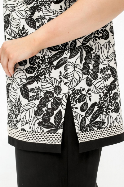 Нарядная летняя блузка с вышивкой и разрезами из текстиля La rouge 6297 бежево-черный-(цветы) - фото 6