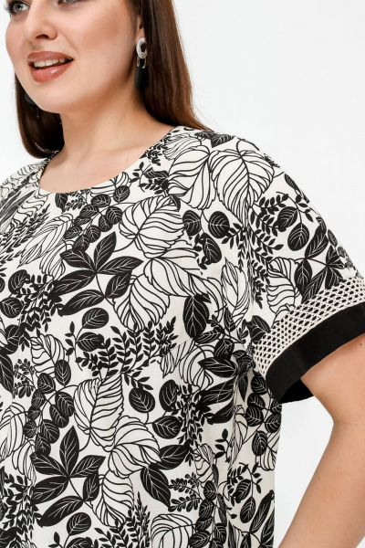 Нарядная летняя блузка с вышивкой и разрезами из текстиля La rouge 6297 бежево-черный-(цветы) - фото 5