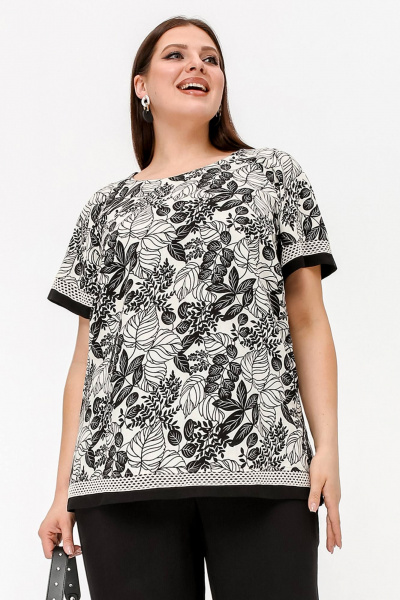 Нарядная летняя блузка с вышивкой и разрезами из текстиля La rouge 6297 бежево-черный-(цветы) - фото 1