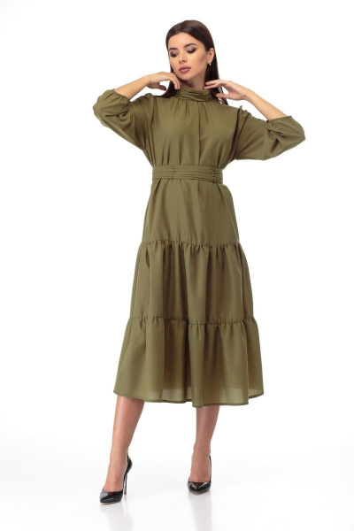 Платье из вискозы с драпировкой и воланами по бедрам Anelli 846 хаки - фото 6