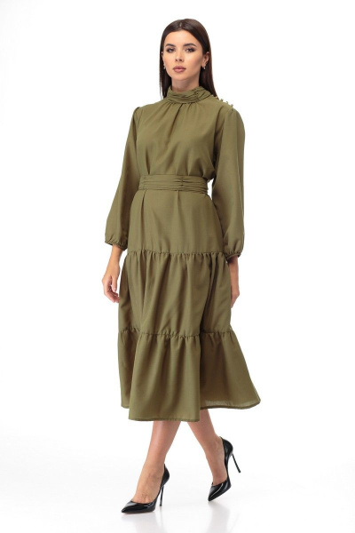 Платье из вискозы с драпировкой и воланами по бедрам Anelli 846 хаки - фото 1