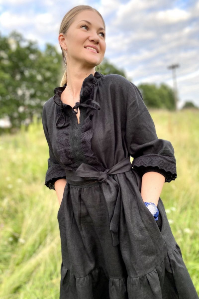 Многоярусное льняное платие миди с кружевной и швейной отделкой Pavlova 061 - фото 6