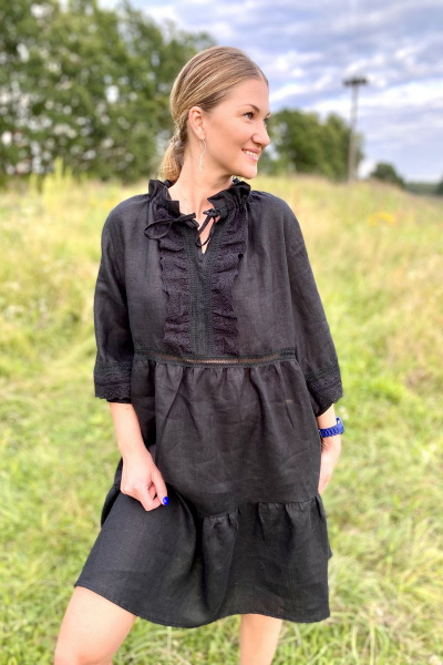 Многоярусное льняное платие миди с кружевной и швейной отделкой Pavlova 061 - фото 1