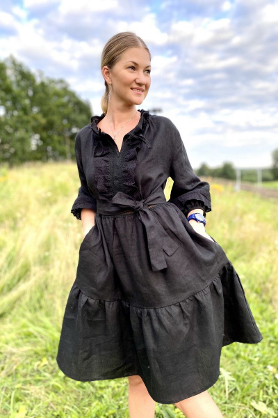 Многоярусное льняное платие миди с кружевной и швейной отделкой Pavlova 061 - фото 2