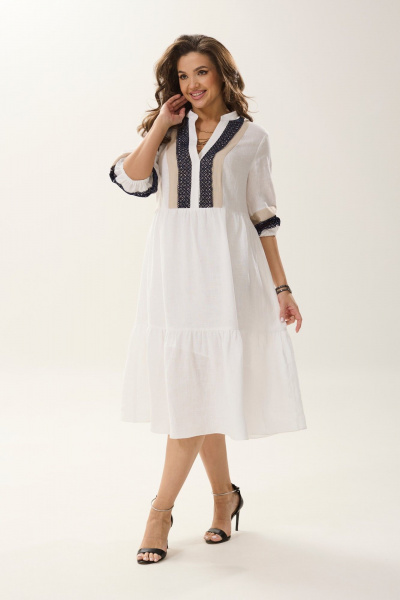 Летнее платье из льна с кружевами, фасон на каждый день MALI 424-011 белый - фото 1