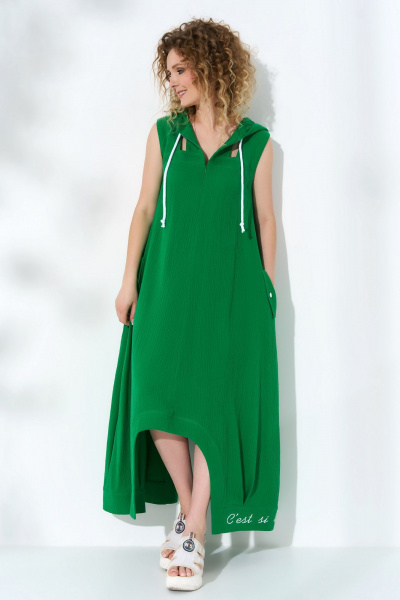 Зеленый сарафан с разрезами и капюшоном из текстиля Euromoda 513 - фото 3