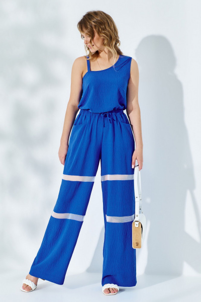 Синий костюм 2-ка из струящейся ткани и сетки для лета Euromoda 529 - фото 3
