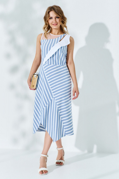 Голубое приталенное платье из текстиля с сеткой и декором Euromoda 521 - фото 3