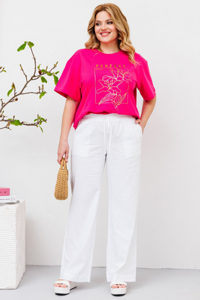 Комплект майка и льняные брюки с печатью «Лилии» BRELA 2356 фуксия-белый - фото 1