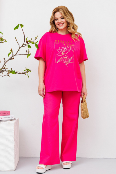 Комплект футболка и льняные брюки с шнурком и карманами BRELA 2357 фуксия-фуксия - фото 1