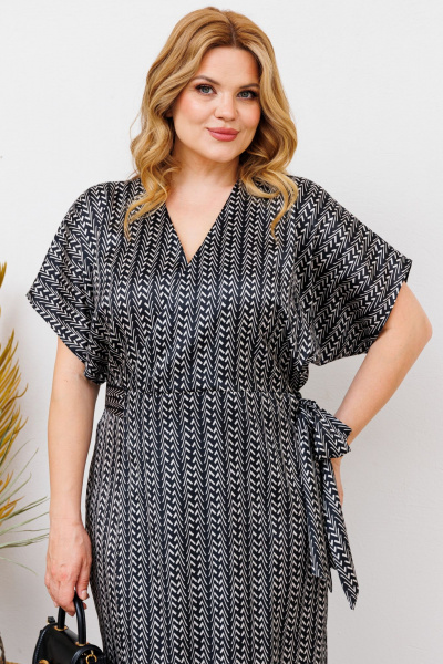 Платье на запах из текстиля с прямым силуэтом и атласной тканью BRELA 2360 черный-молоко - фото 3