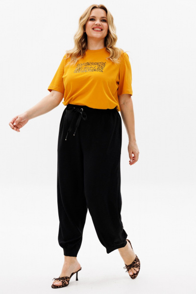 Комплект брюки-шаровары и футболка в стиле на каждый день Michel chic 1377 горчица,черный - фото 4