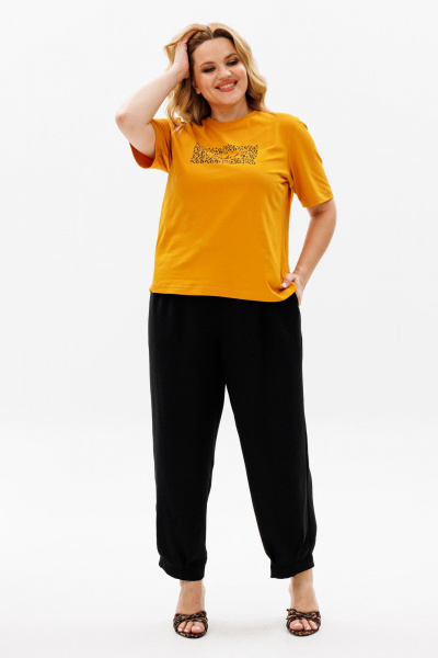 Комплект брюки-шаровары и футболка в стиле на каждый день Michel chic 1377 горчица,черный - фото 3