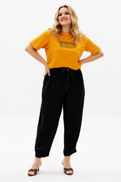 Комплект брюки-шаровары и футболка в стиле на каждый день Michel chic 1377 горчица,черный - фото 1