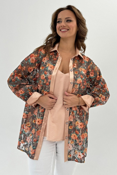 Кружевная блуза прямого силуэта с цветочным рисунком, комфортная Condra 16243 бежевый-оранжевый - фото 10
