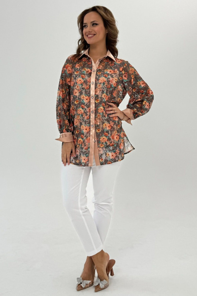 Кружевная блуза прямого силуэта с цветочным рисунком, комфортная Condra 16243 бежевый-оранжевый - фото 7
