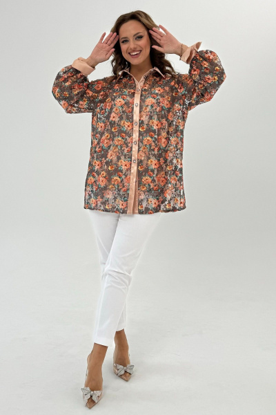Кружевная блуза прямого силуэта с цветочным рисунком, комфортная Condra 16243 бежевый-оранжевый - фото 5