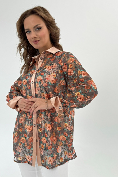 Кружевная блуза прямого силуэта с цветочным рисунком, комфортная Condra 16243 бежевый-оранжевый - фото 2