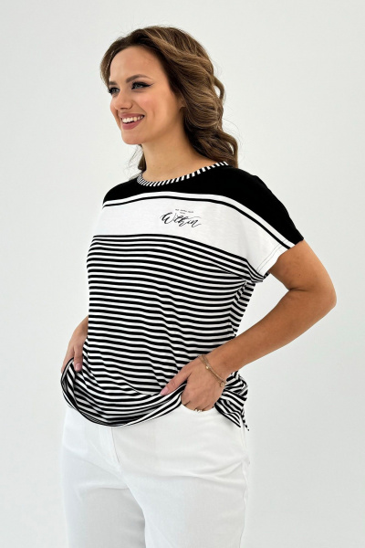 Футболка из трикотажа с оригинальным вышитым рисунком, свободный крой Condra 16246 черно-белый - фото 5