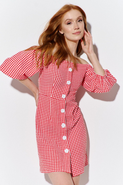 Приталенное платье из клетчатой ткани с верхом со спущенными плечами FLAIM 1085 красный - фото 6