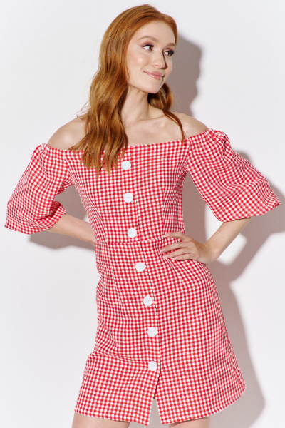 Приталенное платье из клетчатой ткани с верхом со спущенными плечами FLAIM 1085 красный - фото 2