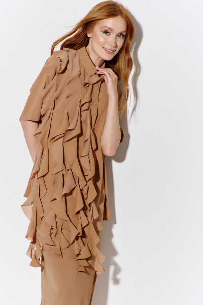 Рубашка свободного кроя с воланами в летнем стиле FLAIM 1086 карамельный - фото 1