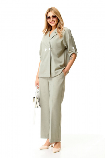 Зеленый женский комплект из льна-палаццо и двубортного жакета для стиля casual Taita plus 2414/1 - фото 1