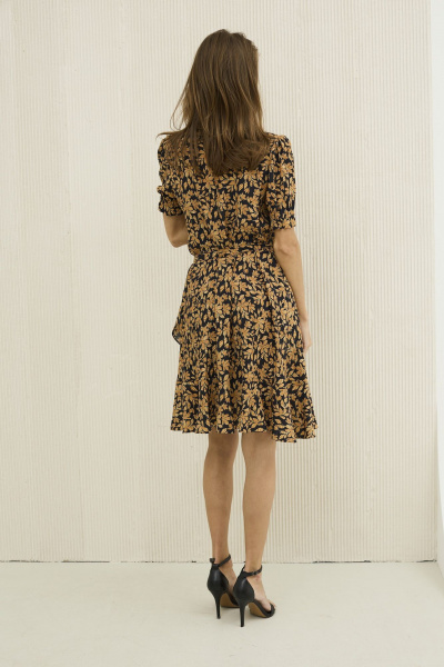 Платье приталенное из вискозного шелка с воланом DAVA 1209 черный-оранжевый - фото 2