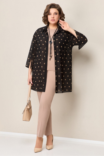 Блуза из шифона с застежкой на пуговицы и коротким топом VOLNA 1327 черно-бежевый - фото 5