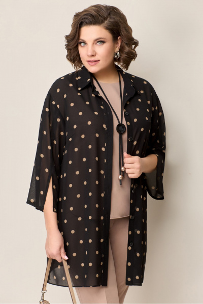 Блуза из шифона с застежкой на пуговицы и коротким топом VOLNA 1327 черно-бежевый - фото 4