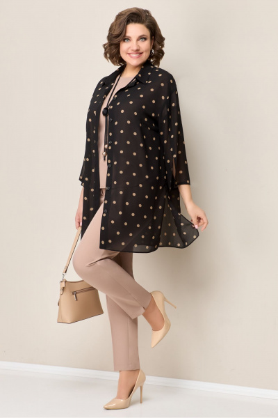 Блуза из шифона с застежкой на пуговицы и коротким топом VOLNA 1327 черно-бежевый - фото 3