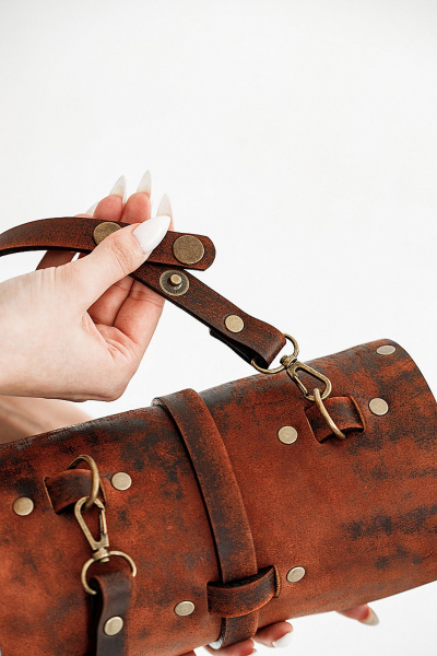 Коричневая кожаная сумка через плечо с деревянными вставками Because TUB-VINTAGE TERRACOT - фото 7