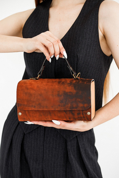 Коричневая кожаная сумка через плечо с деревянными вставками Because KVADRO-VINTAGE TERRACOT - фото 7